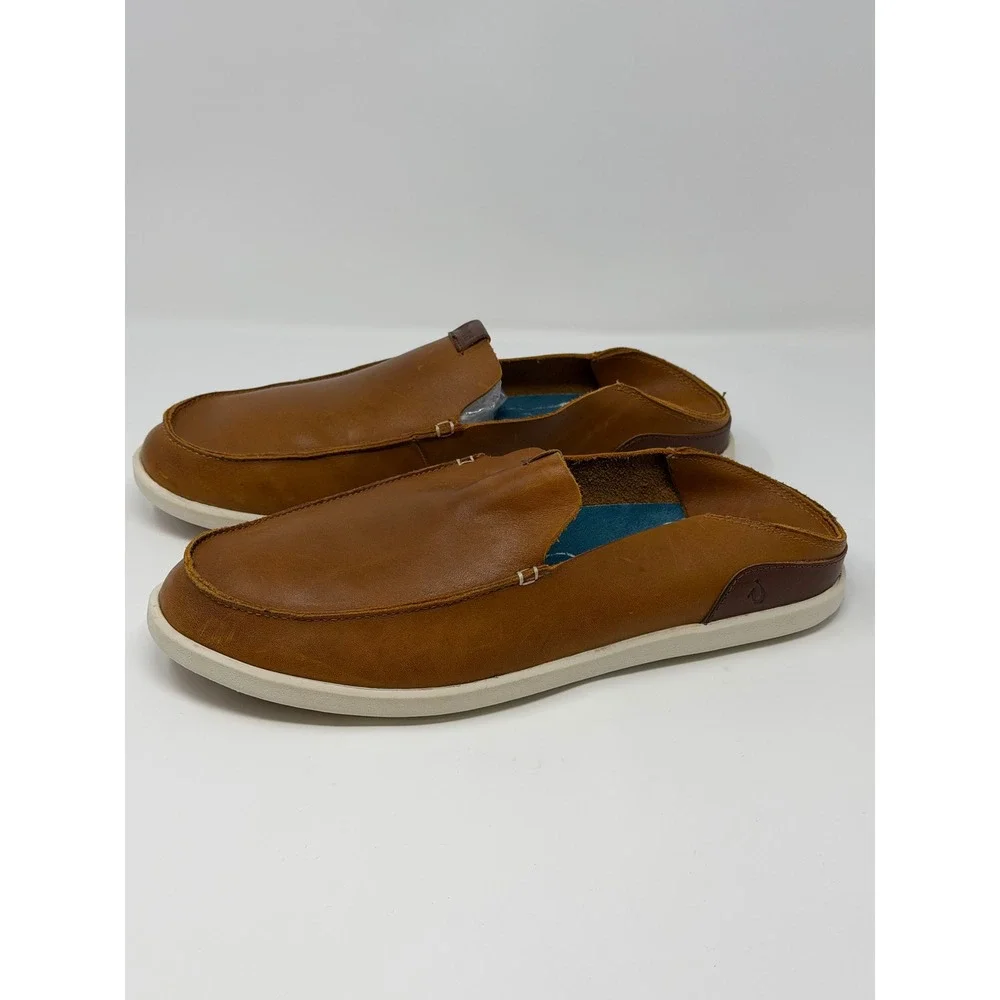 OluKai Nalukai Slip-On Mens 11 Fox Leather Loafers Drop-In Heel 10379-FX19 Brown